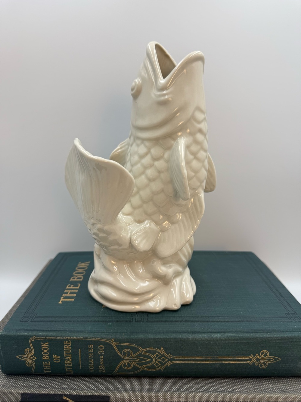 White Ceramic Jumping Carp Koi Fish Vase, 8” Mid Century